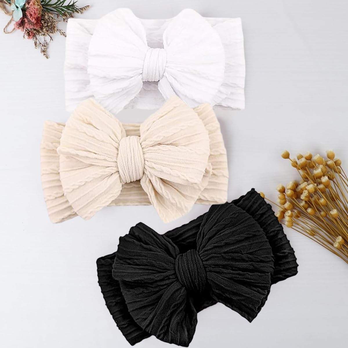 SNOWIE SOFT Hair Bands for Baby Girls featuring 3Pcs Nylon Knotted Bow Set in 3 Colors