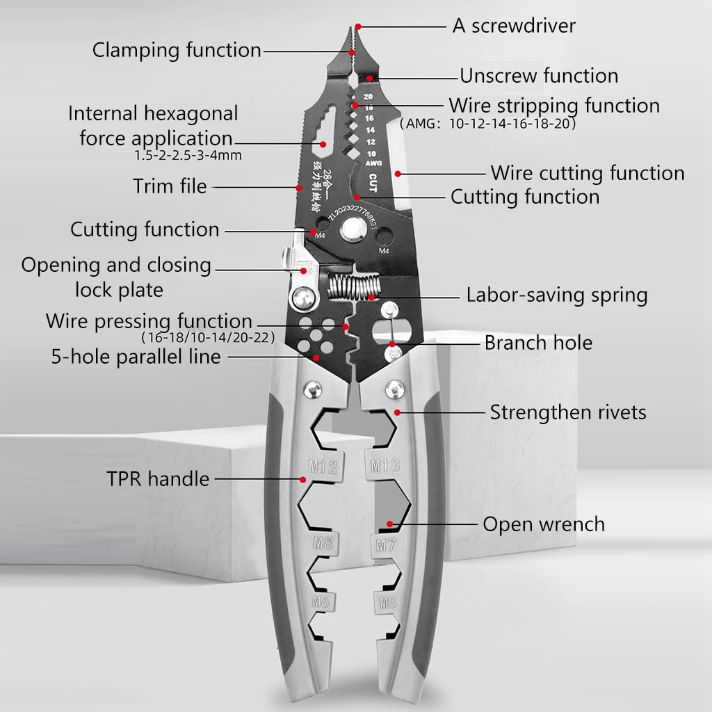 Serplex® Wire Cutter Multi Wire Cutter Stripper Tool 28-in-1 Multifunctional Wire Stripper Vice Tool Chromium Vanadium Steel Wire Cutter Wire Stripper Crimper Crimping Tool for Electrician