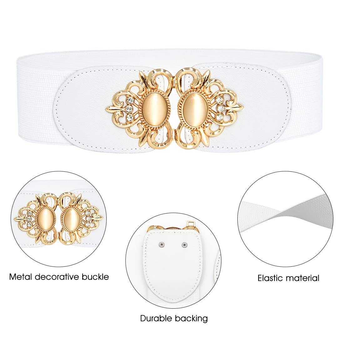 PALAY White Elastic Waist Belt for Dresses and Jeans with 4 cm Width Metal Interlocking Buckle | Adjustable 23.6–31.4 in for Women