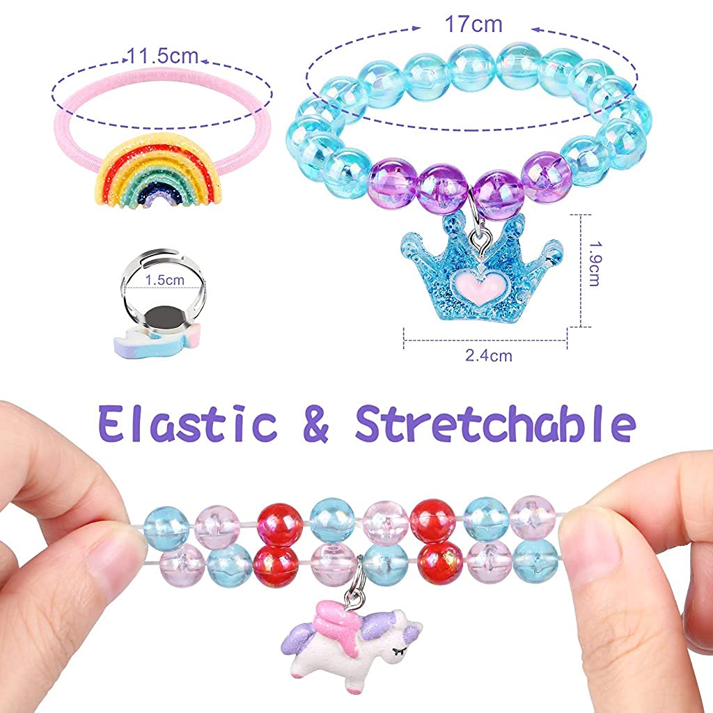 Venzina Unicorn Bracelet Set for Girls with 18 Pcs Beads Rings and Hair Ties | Adjustable Colorful Jewellery