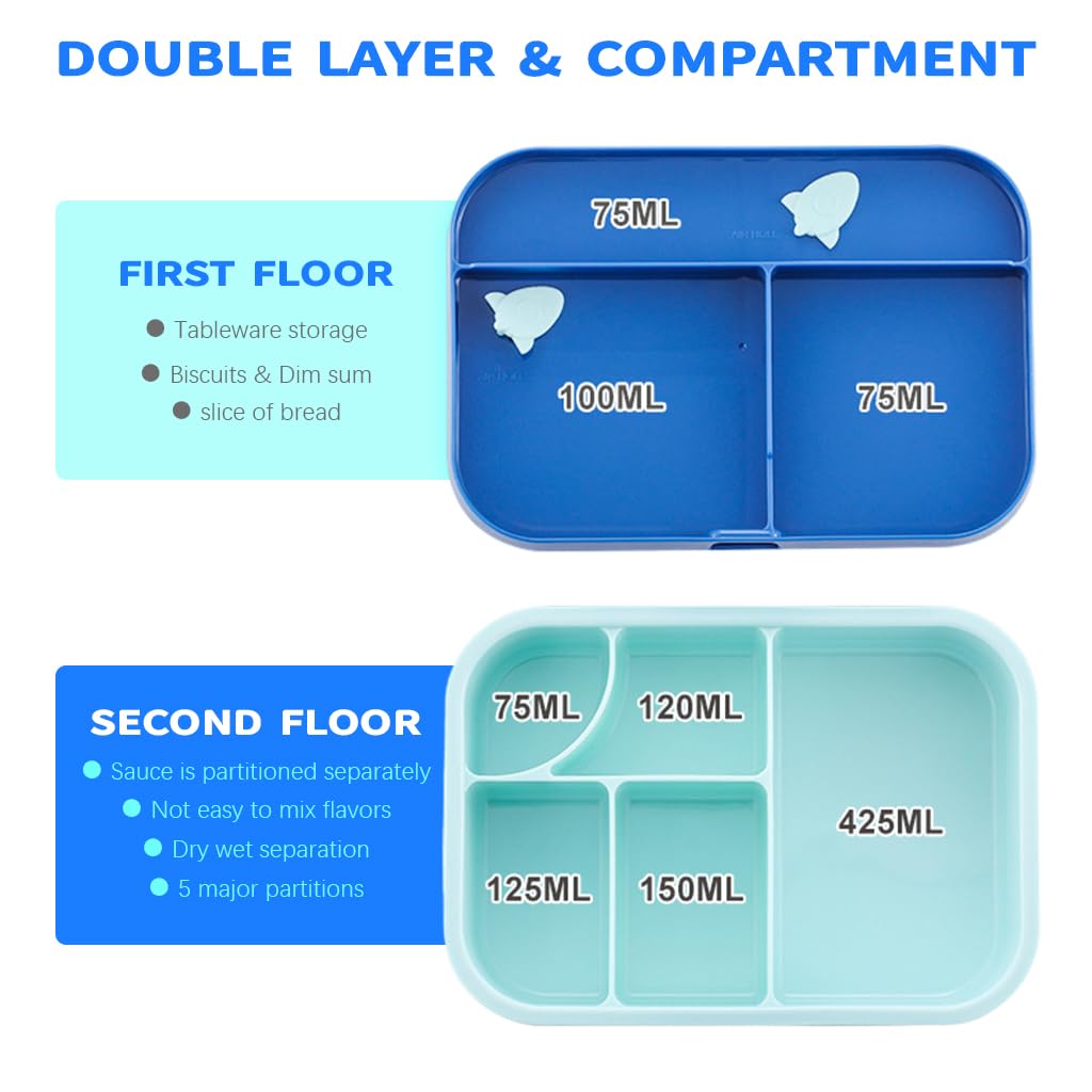 Supvox Kids Bento Box with 5 Compartments and 65ml Salad Cup featuring Leak Proof Seal | Blue Microwave Safe Lunch Box