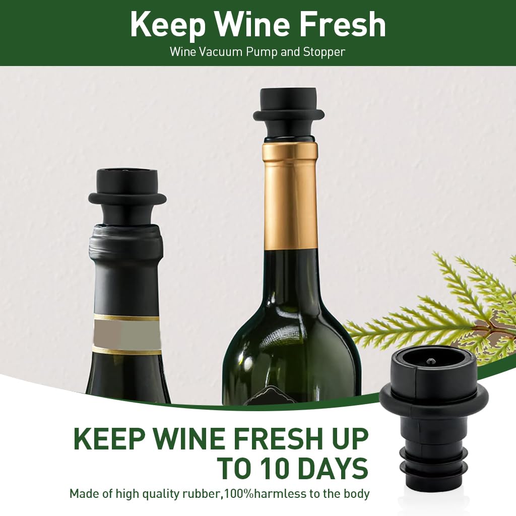 HASTHIP Wine Vacuum Pump with 4 Silica Gel Stoppers for Universal Bottle Sealing | Black