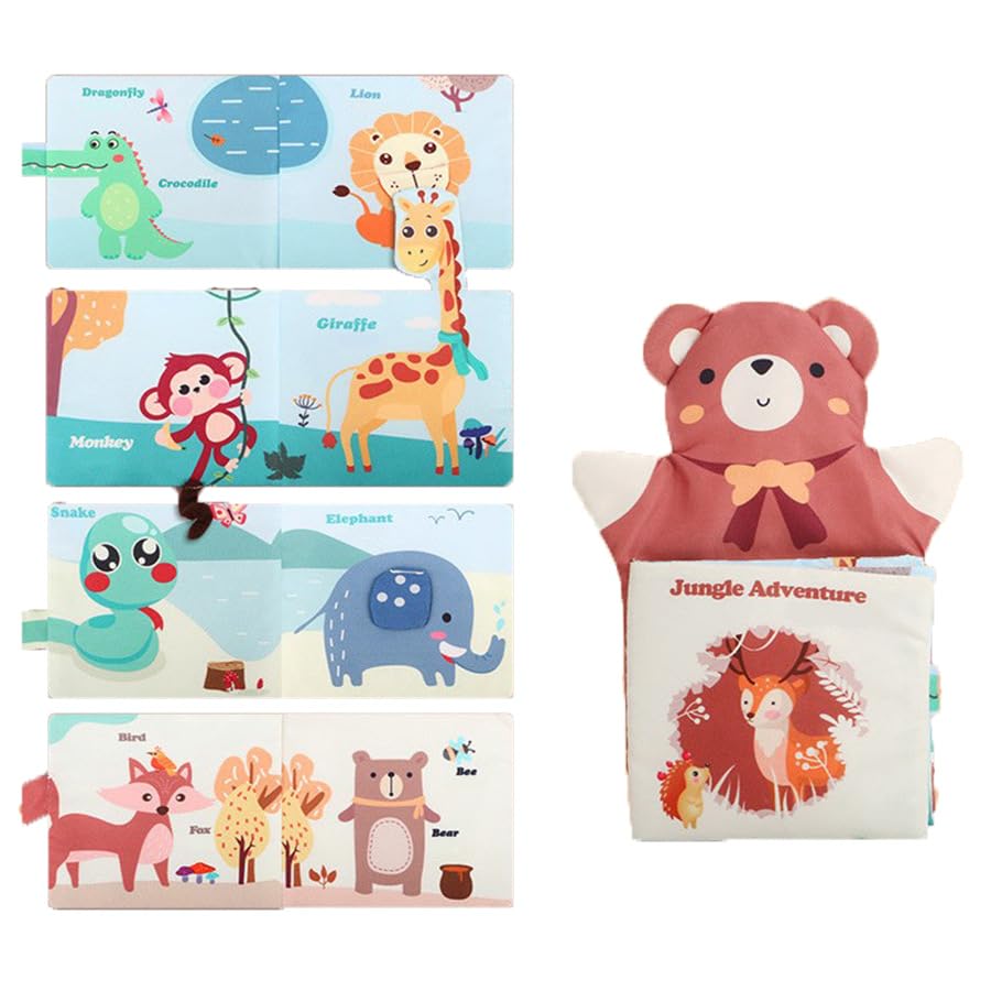 SNOWIE SOFT® Bear Hand Puppet Cloth Book for Baby 6 to 12 Months, Sensory Books for Babies 6-12 Months with 3D Animal Touch Feel High Contrast Montessori Visual Stimulation Washable Soft Toys