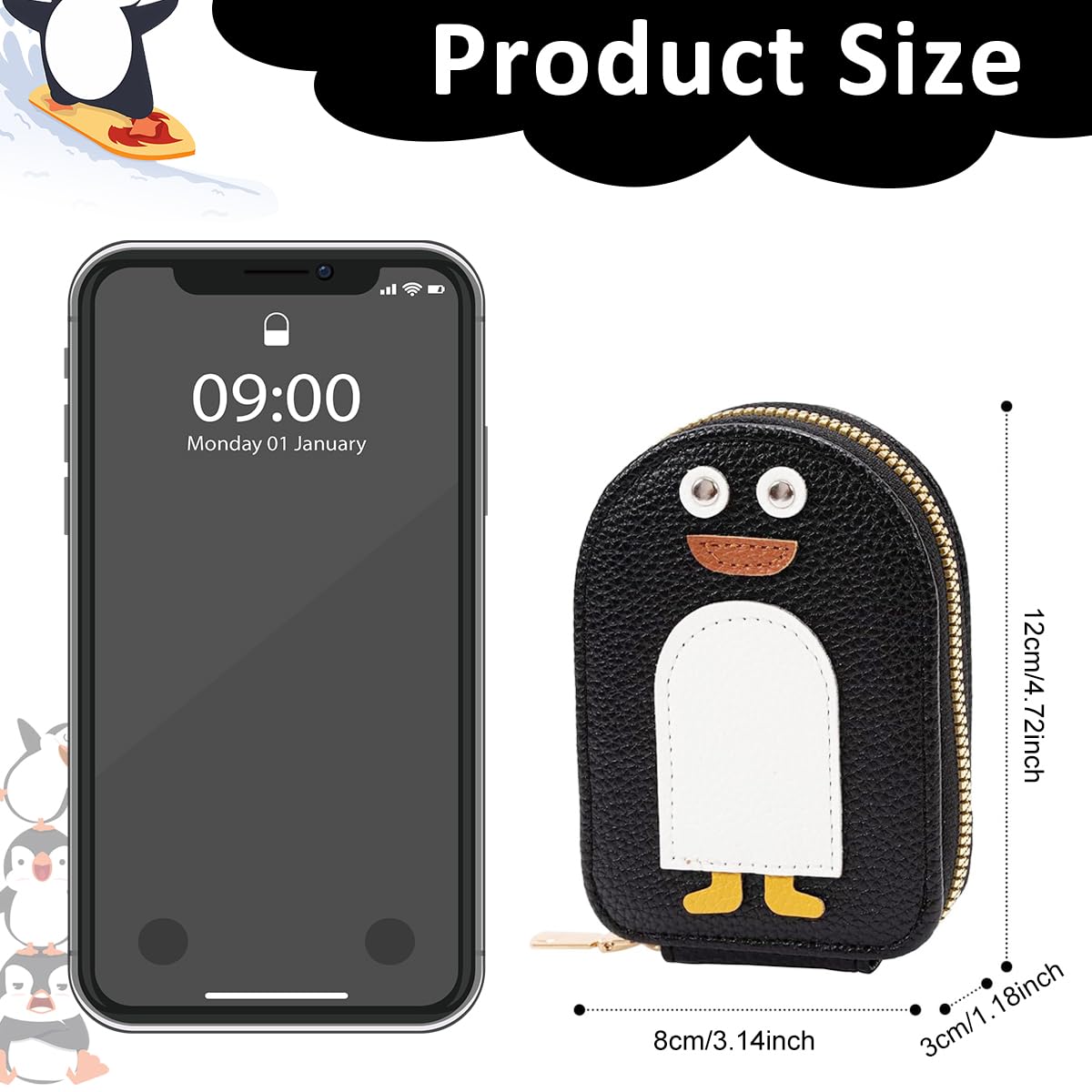 PALAY® Girls Card Bag Travel Card Holder with 10 Compartments Wallet Organizer Bag Zipper Pouch PU Cartoon Penguin Zipper Card Bag RFID Blocking Travel Card Holder