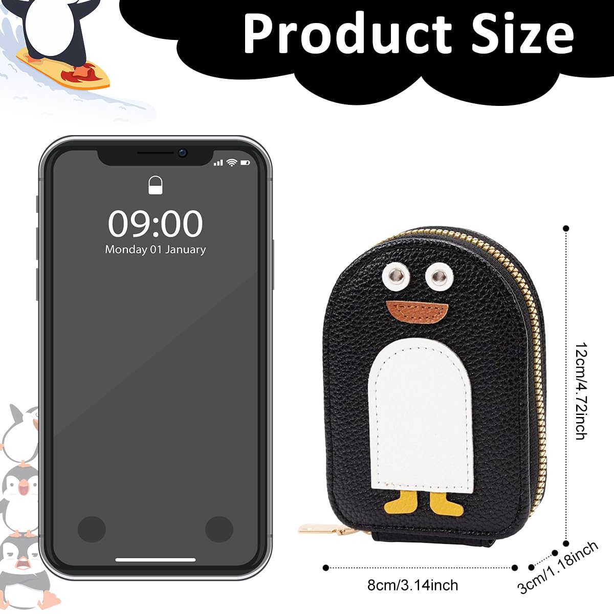 PALAY Travel Card Holder with 8 Slots and Secure Zipper Closure | PU Penguin Print Wallet