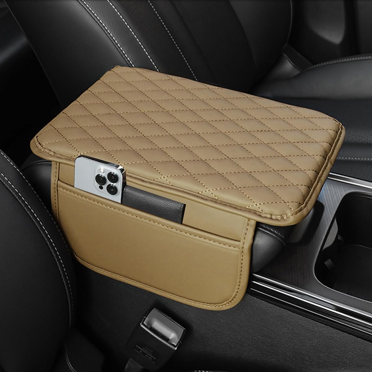 STHIRA Car Armrest Cushion for Center Console with 2 Storage Bags in Microfiber Leather | Fits Most Vehicles