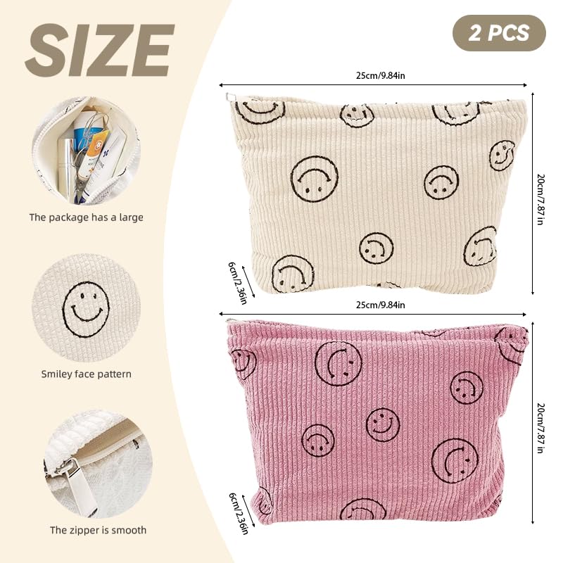 ZIBUYU Makeup Pouch Bag for Travel and Daily Use with Zipper Closure 25x20x6 cm | Corduroy Smiley Print for Women