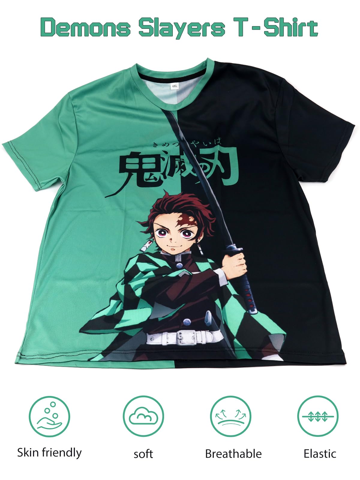 FANCYKU Demons Slayer T Shirt featuring 3D Tanjiro Kamado Print with 48.82 in Bust | Green 4XL