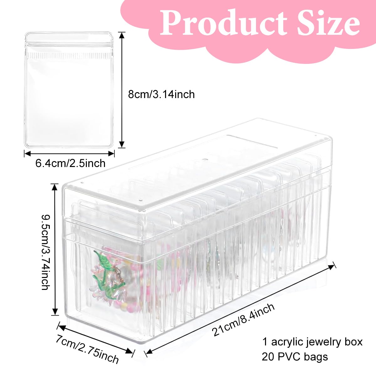 MAYCREATE Jewellery Organisers Box for Travel with 40 Anti Tarnish PVC Pouches | Acrylic Storage Case for Women
