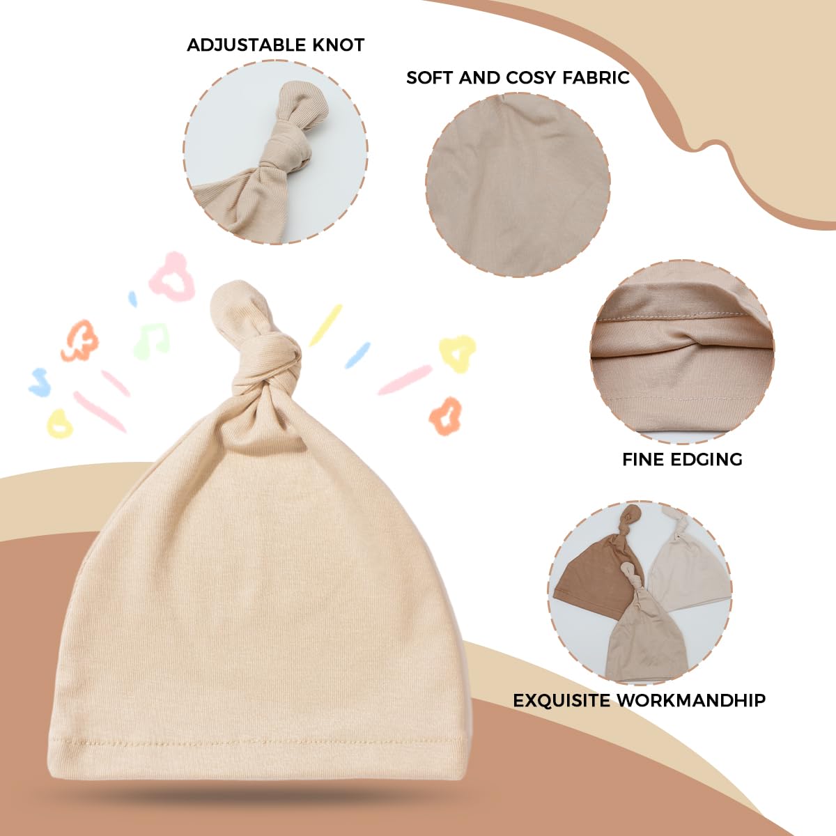 SNOWIE SOFT Baby Beanies 3Pcs Set for 0–24 Months with Stretch Fit and Soft Polyester | Warm Hats for Newborn Boys and Girls