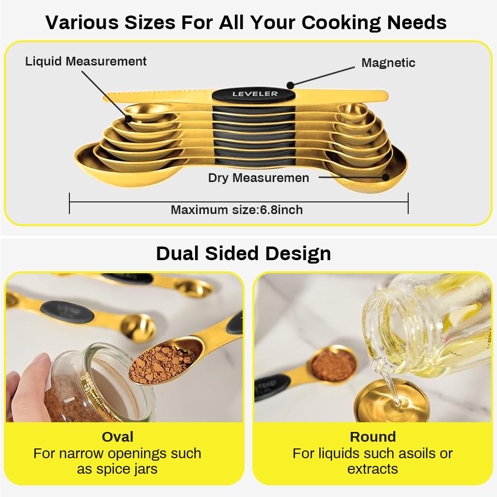 Supvox® Magnetic Measuring Spoons Set of 8, Dual Sided Gold Stainless Steel Measuring Spoons Set with Leveler Magnet Measuring Spoon, Dual Sided for Measuring Dry and Liquid Ingredients