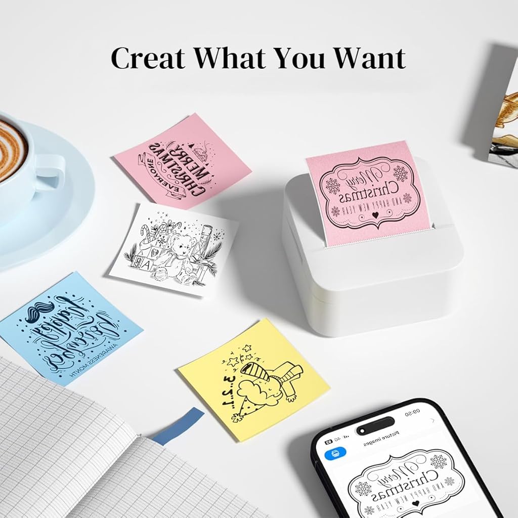 Zeitel® Mini Bluetooth Thermal Printer Combo for Android & iOS, Portable Inkfree Sticker Label Printer with 13 Print Rolls + 3 Color Adhesive Papers, DIY Journaling, Crafts, Planners, Pink