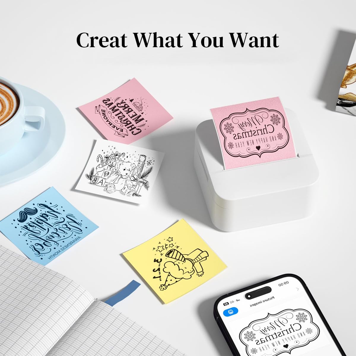 ZEITEL Mini Bluetooth Thermal Printer for iOS and Android with 200DPI Printing | 13 Papers and 3 Sticker Rolls for Journaling and DIY Crafts