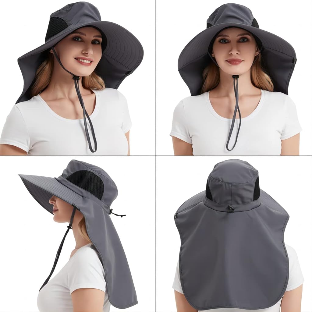 GUSTAVE® Sun Hat for Men, Fashion Wide Brim Hat UV Protection Cowboy Hats Neck Flap Design & Adjustable Windproof Chin Strap Sun Hat Unisex Sun Hat Breathable Men's Cap for Hiking, Fishing, Gardening 2 PCS
