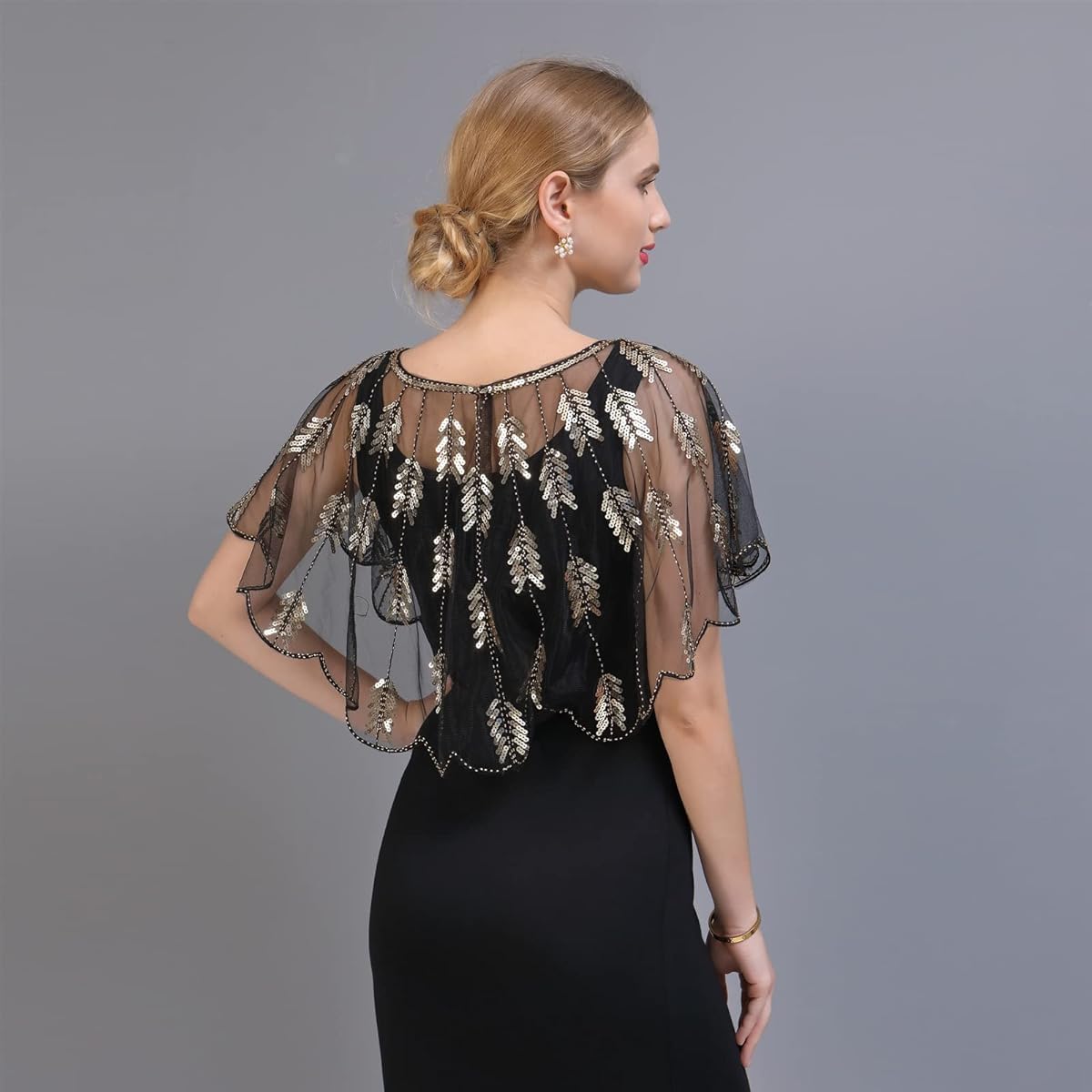 SANNIDHI Sheer Wrap Cape Shawl for Evening Gown featuring Gold Sequin Tie Up Design | Elegant Cover Up for Women