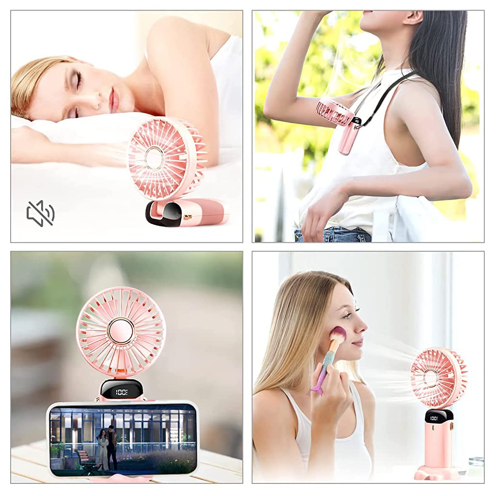 HASTHIP® Hand Fan for Women, Mini Small Portable Fan with USB Charging, 5 Speeds Fan with Lanyard, Fragrance Sheet and Base, Built-in 3000mAh Battery, Foldable 90°, LED Battery Level Display (Pink)