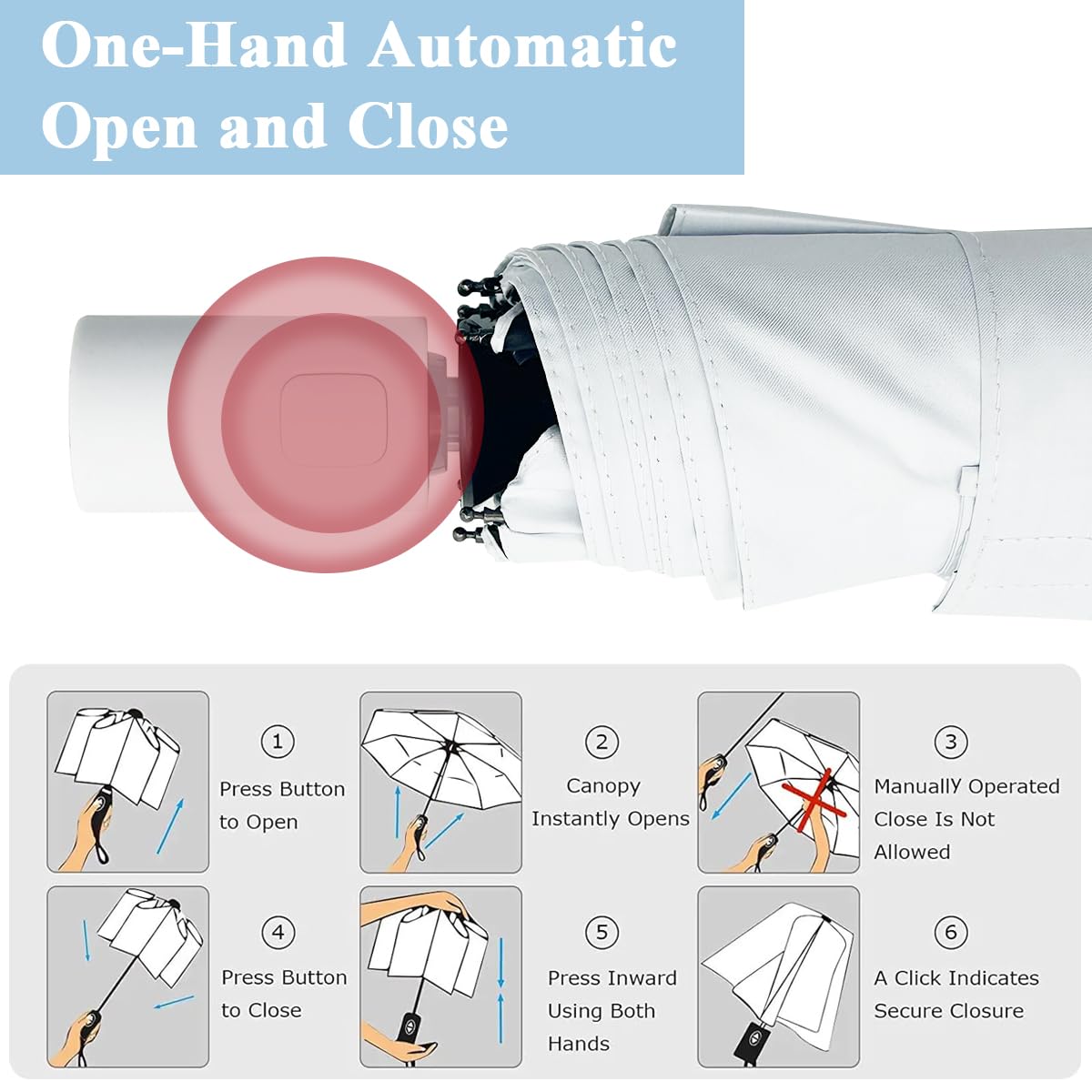 PALAY Automatic Folding UV Umbrella for Travel with 8 Fiber Ribs and UPF 50 Protection | Azure Blue 2PCS