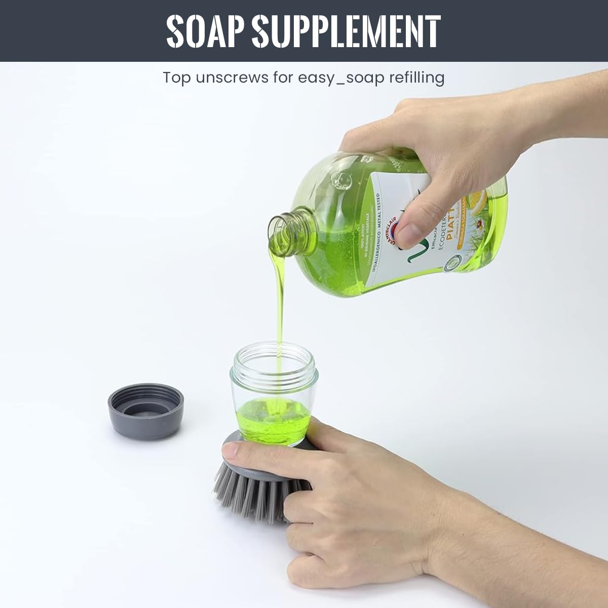 ZIBUYU Kitchen Pot Brush with Refillable Soap Dispenser and Drip Stand for Dishwashing