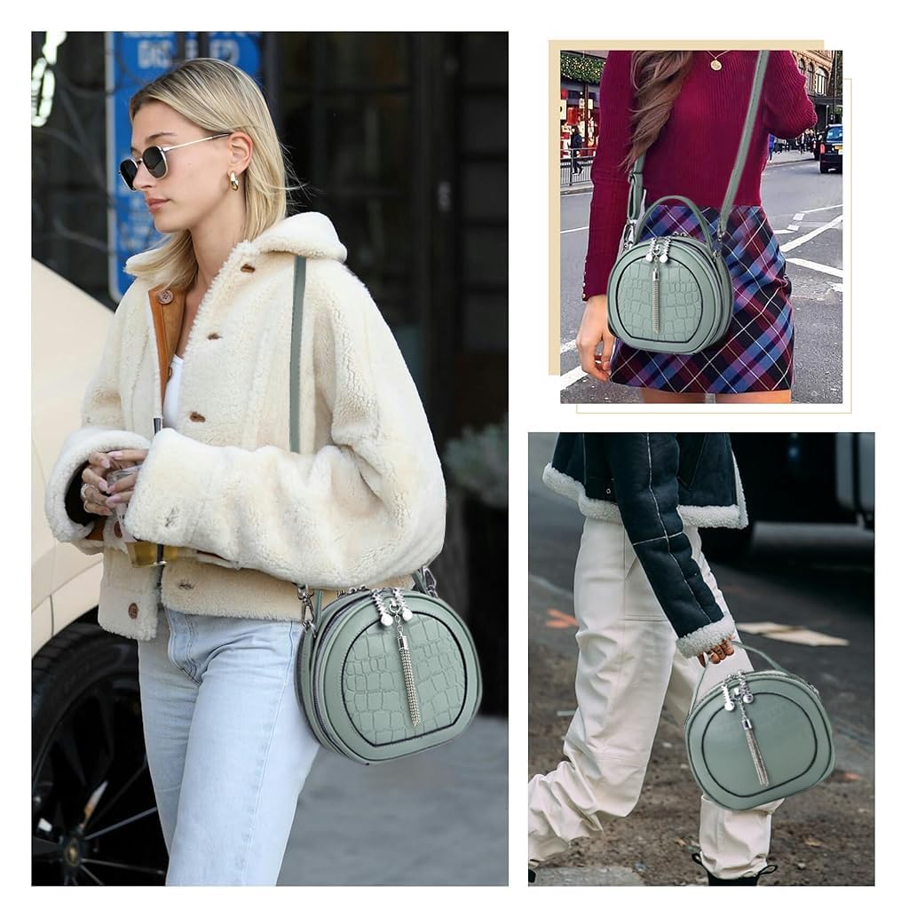Zibuyu Hand Bag for Women featuring Double Layer Round Design 19x8x17 cm in Mint Green | Detachable Crossbody Strap