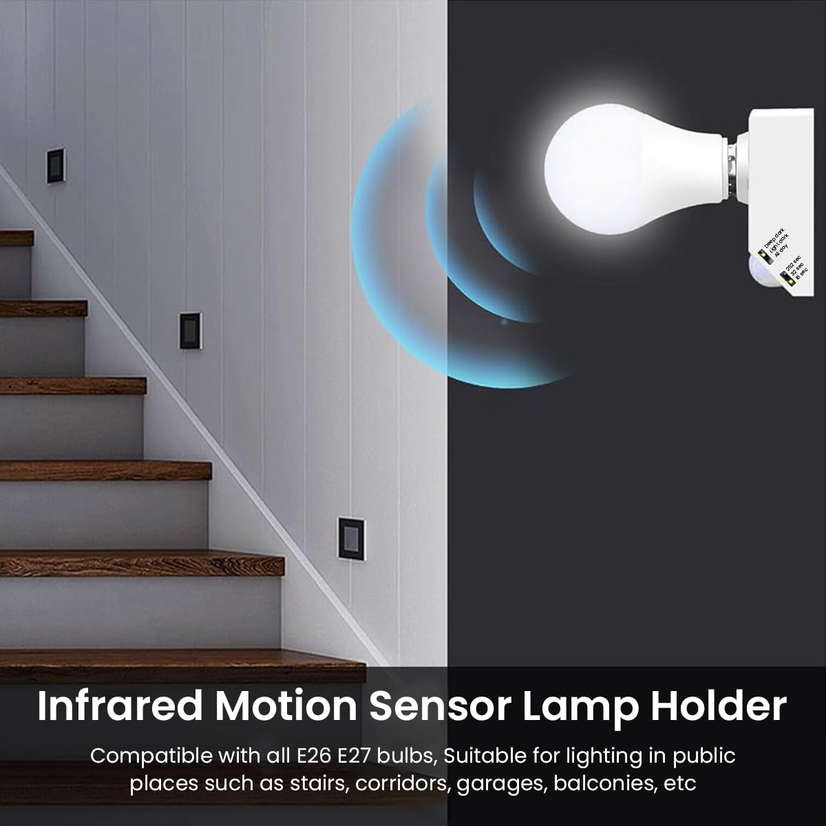 Serplex® Motion Sensor Light Fixture E27 Light Bulb PIR Motion Sensor Light Socket with Light Sensor & Timer Off Settings Utility E27 Motion Sensor Light Socket for Garage, Basement, Porch, Entry