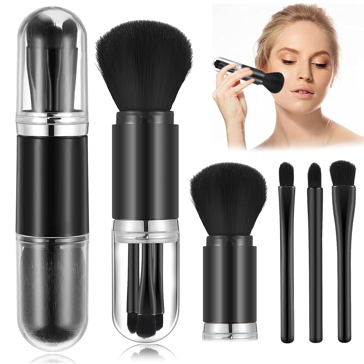 MAYCREATE Mini Makeup Brush Set 4 in 1 for Travel with Storage Capsule | Black Synthetic Fiber Brushes