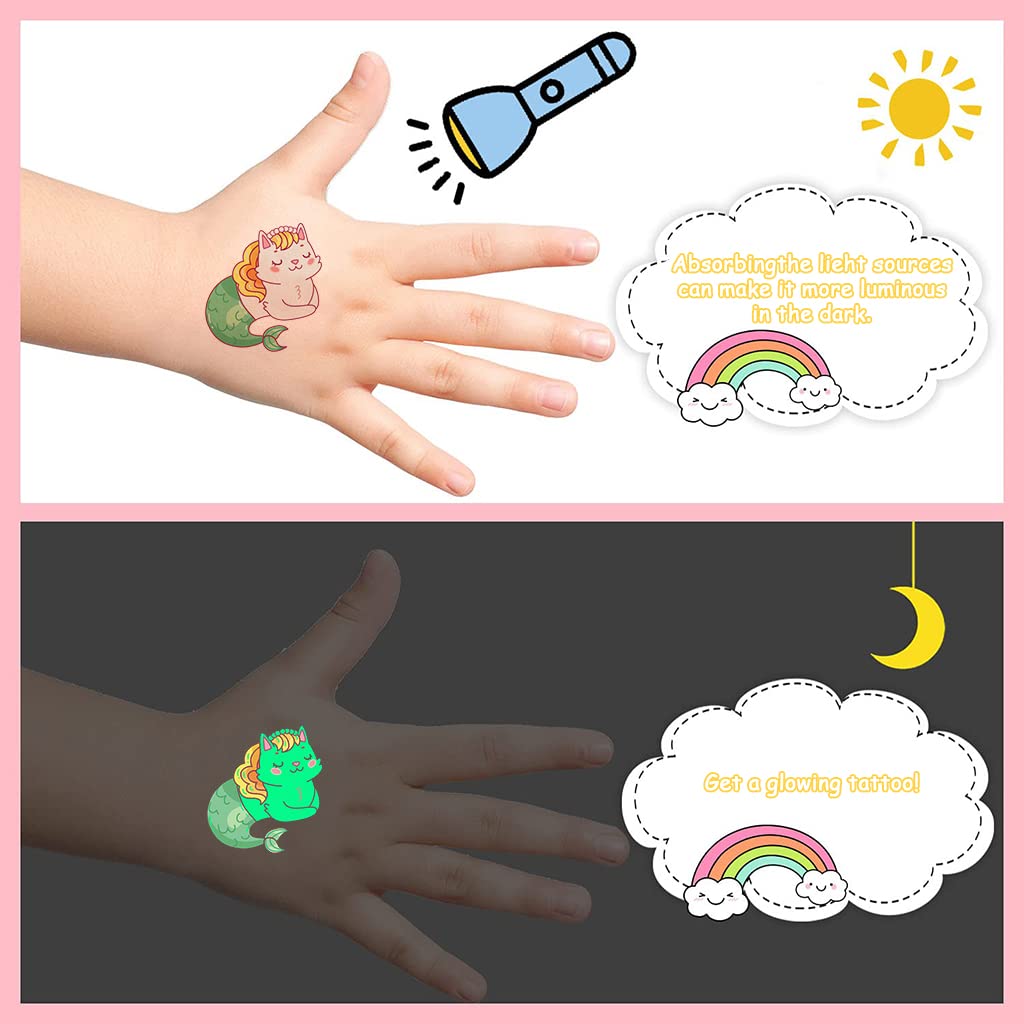 MAYCREATE Temporary Tattoos for Kids, Glowing Fake Tattoo Stickers, Cartoon Kids Tattoos for Girls and Boys Birthday Party Gift Supplies