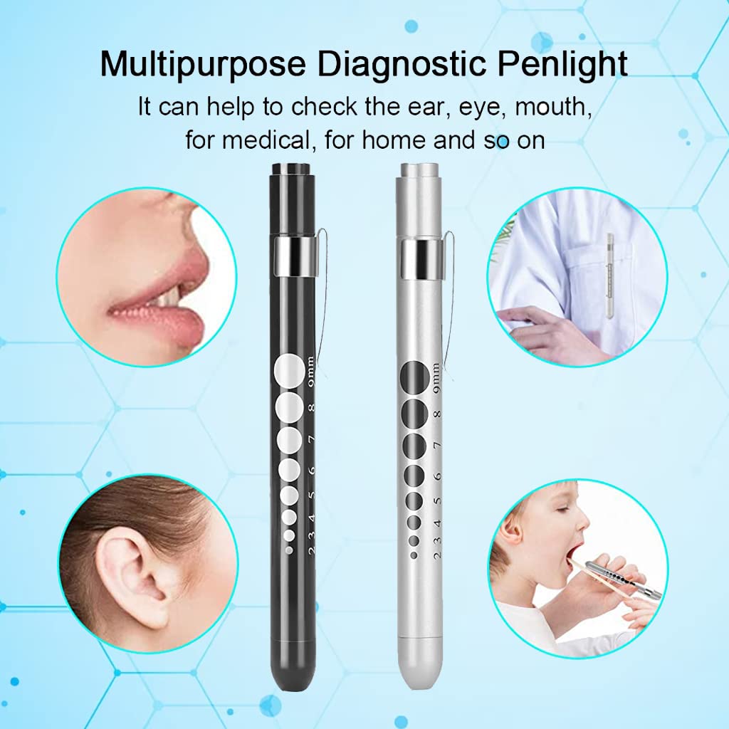 HASTHIP® Pen Torch for Doctors, 2Pcs LED Pen Light with Scale, White Light Diagnostic Medical Penlight for Checking Oral, Pupil, Eyes, Ears, Nasal Cavity USB Rechargeable Pen Light (Without Battery)