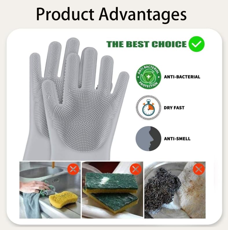Zibuyu Rubber Hand Gloves for Kitchen Cleaning with Non Slip Grip and Soft Silicone Bristles