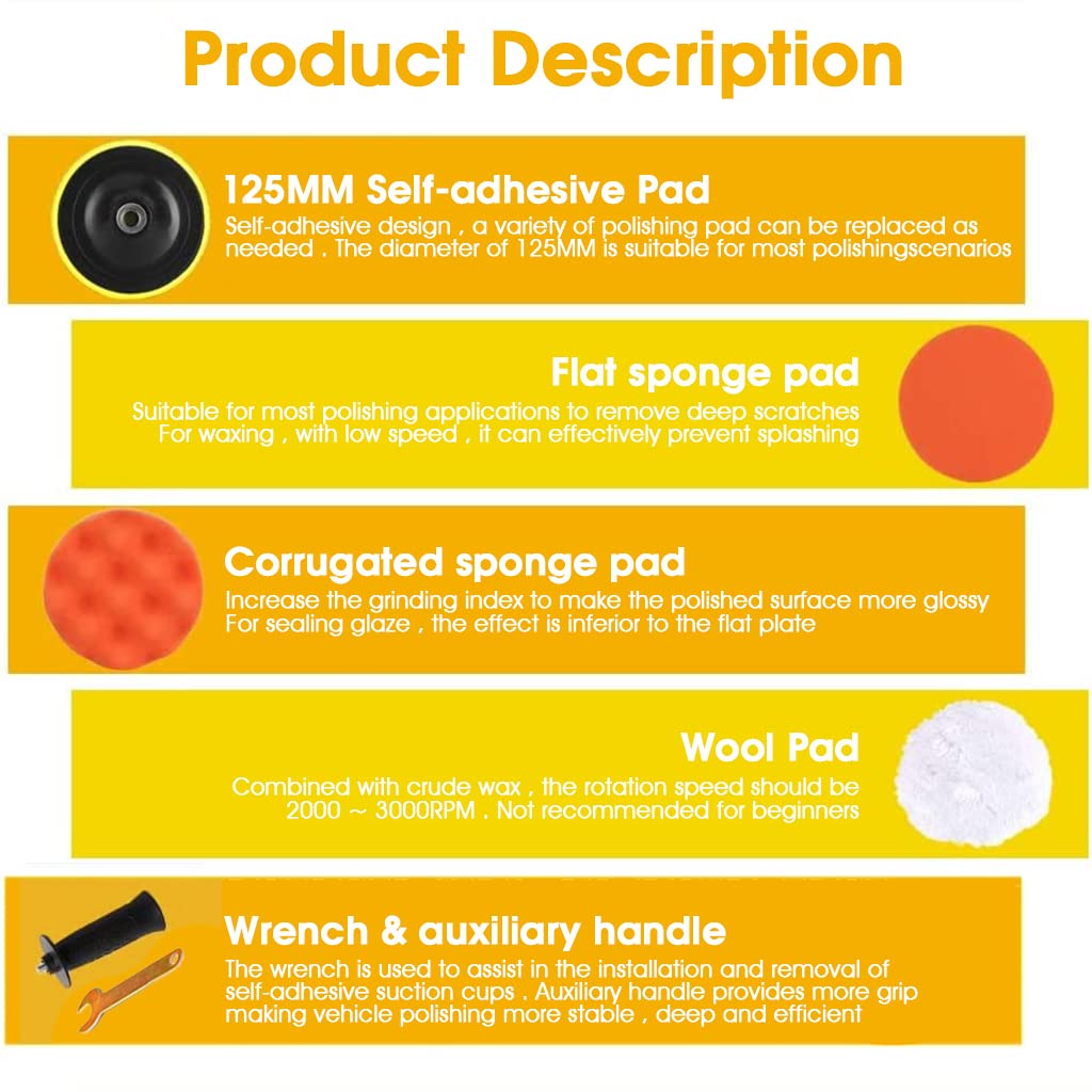 125mm Electric Car Polisher Machine for Car and Home Use with 700w Motor and Variable Speed | Includes 5 Sponge Pads and 2 Wool Pads