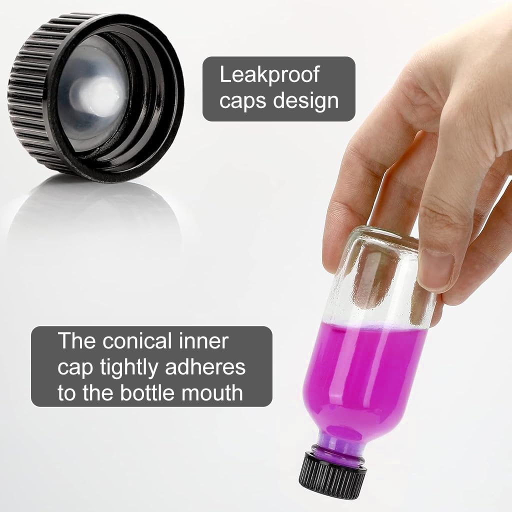 HASTHIP Small Glass Bottles Set for Juice and Drinks with Leak Proof Lids 12 x 60 ml | Includes Funnels Labels and Pen