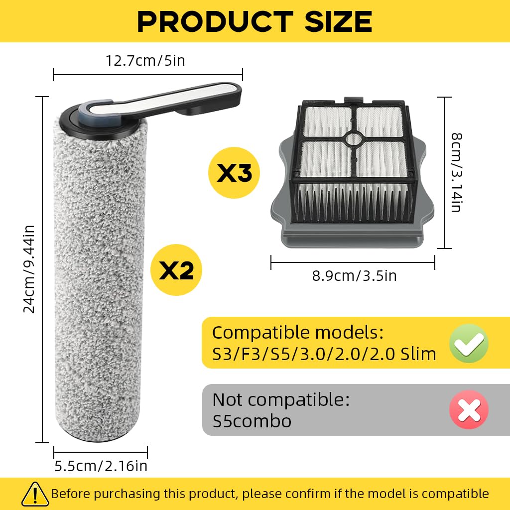 HASTHIP Replacement Brush Roll HEPA Filters for Tineco S3 F3 S5 3.0 2.0 2.0 Slim with 12PCS Microfiber and 4PCS Filters | Wet Dry Cleaning Efficiency