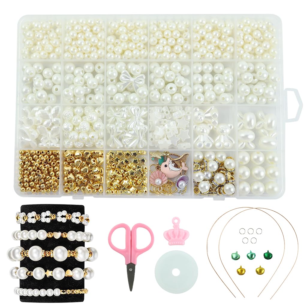 PATPAT® 720Pcs DIY Bracelet Necklace Making Beads Kit for Kids and Adults Mermaid Themed DIY Jewelry Making Pearls Beads Spacer Beads Assorted White Beads, Charms, Accessories, With Storage Box