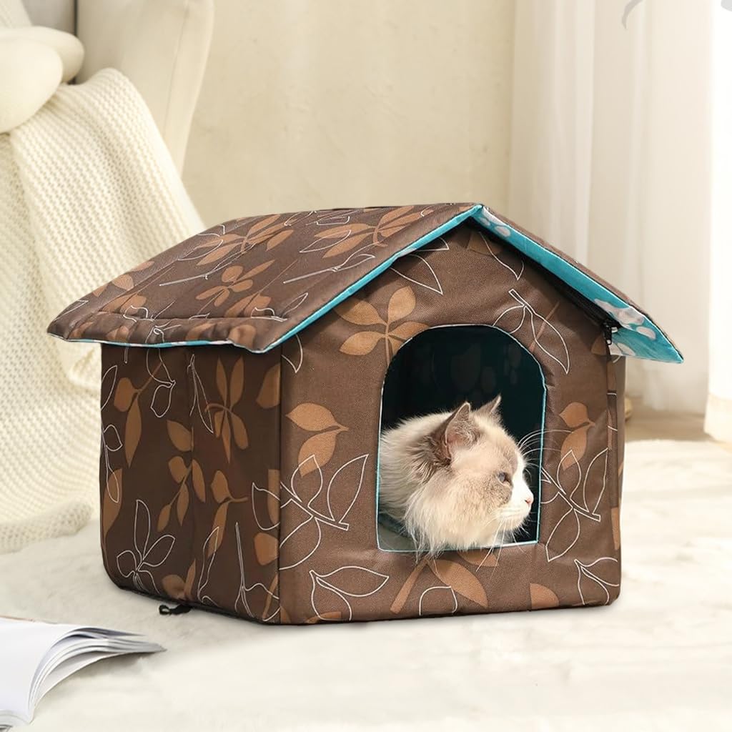 Qpets® Cat House, Pet Hut Indoor Outdoor Hide Cave with Detachable Roof Waterproof Cat House DIY Assembly Foldable Pet House Padded Warm Cat House Play House Winter Pet House, 45x43x40cm