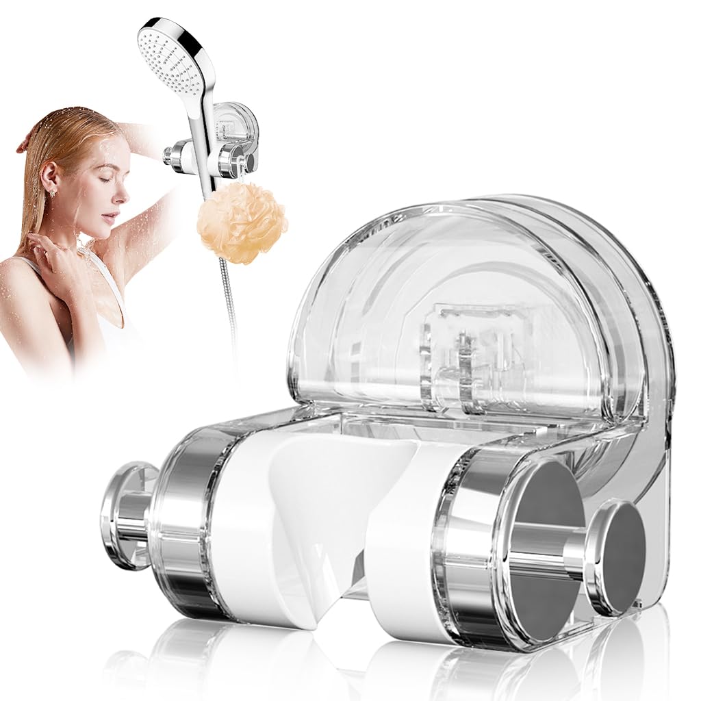 HASTHIP Shower Head Holder for Bathroom with Strong Suction Cup and Adjustable Angle | Transparent Wall Mount with Side Hook