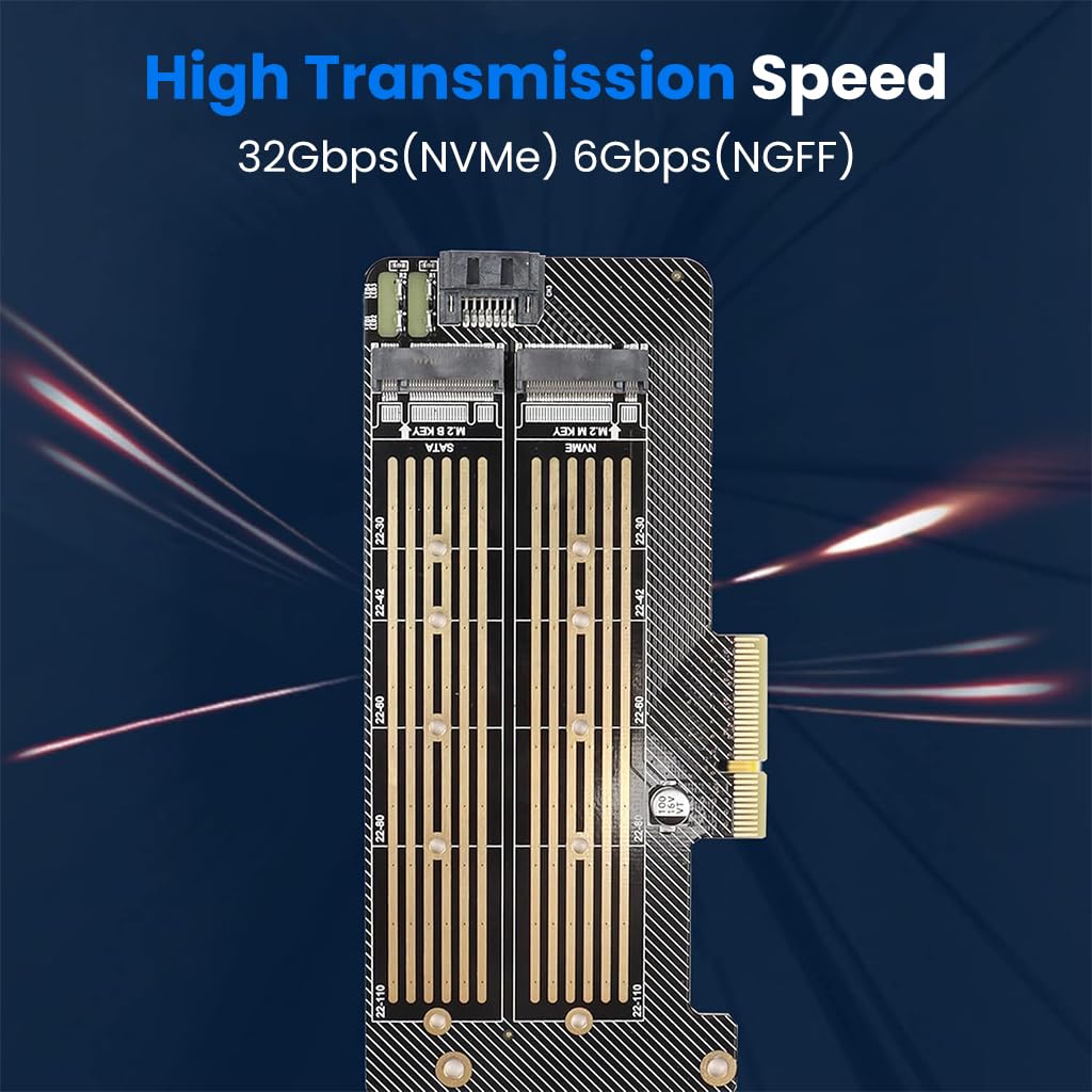 ZORBES M.2 NVMe & NGFF Dual SSD Adapter Card for PC Upgrades with Dual Heat Sinks | PCIe 3.0 32Gbps and SATA 6Gbps High-Speed Transfer