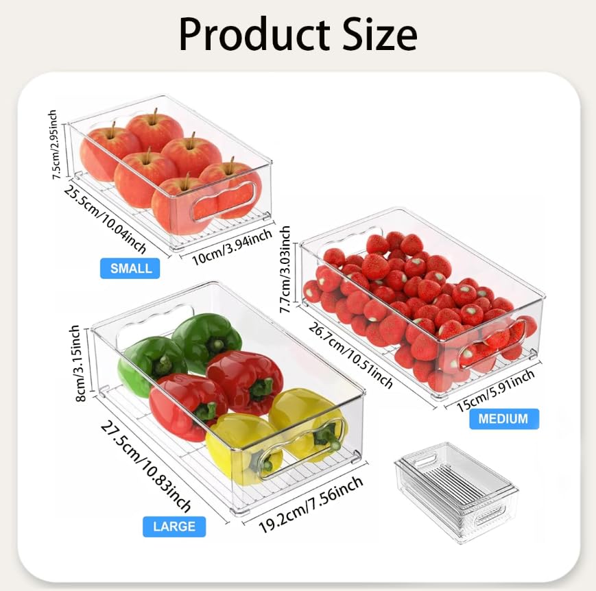 ZIBUYU Clear Fridge Storage Bins for Refrigerator Organization with Handles & Stackable Design | 3 Pcs Food-Grade Plastic Containers
