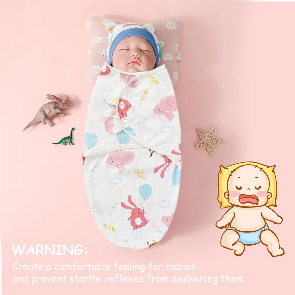 SNOWIE SOFT Swaddle for New Born Baby with Cap featuring Cocoon Design and 100% Cotton | Adorable Cartoon Print for 0–3 Months