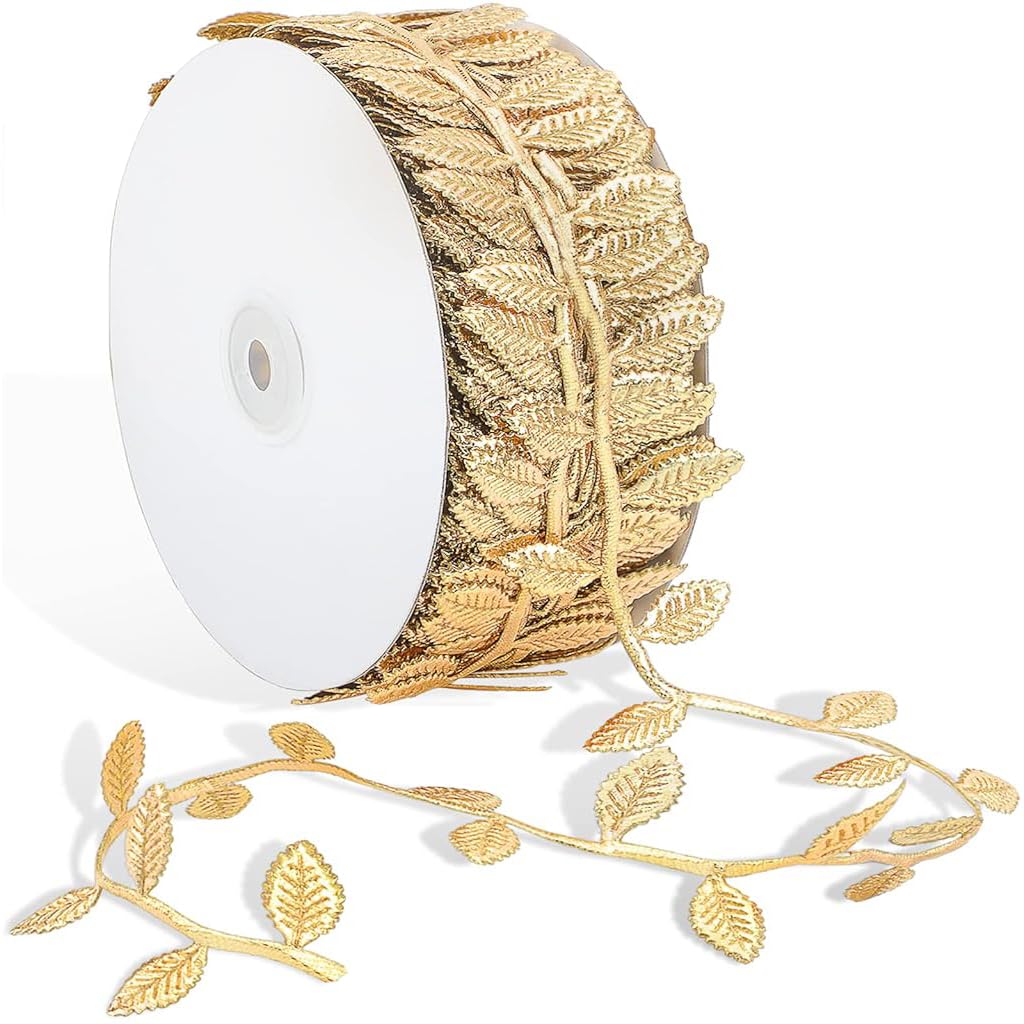 MAYCREATE Decorative Golden Leaf Ribbon for DIY Crafts and Gift Wrapping 32ft | Elegant Trim