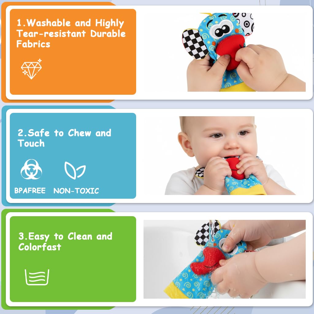 SNOWIE SOFT Baby Rattle Socks Set with Wristband Plush Toys for Infant Sensory Play