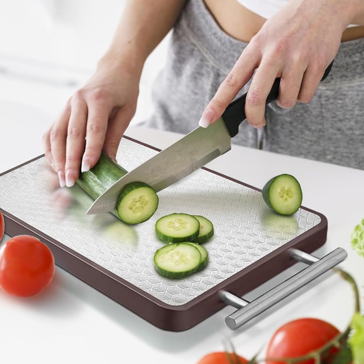 HASTHIP Cutting Board for Kitchen with Double Sided Steel and Ebony Wood 42.5x30.5x2cm
