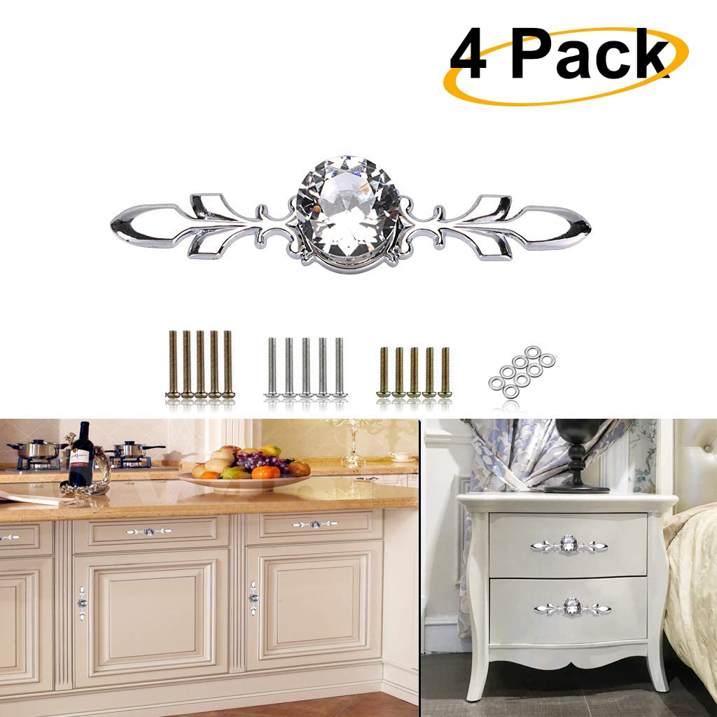 HASTHIP® 4 Pack Knobs for Drawers Pull Handles Drawer Knobs- Crystal Glass Diamond Decorative Knobs with Plate, Cabinet Cupboard Door Knobs with Screws