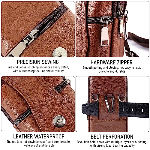 ZIBUYU® Mobile Pouch for Men Leather Magnetic Cover Belt Clip Compatible iPhone 12 13 14 Pro Max Case Mini Crossbody Waist Sling Bag Holster Brown 1 3PCS