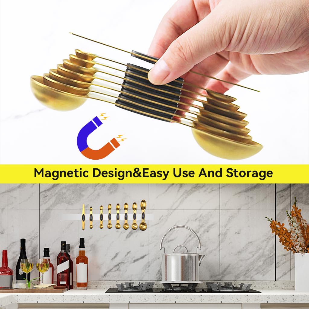 Supvox Magnetic Measuring Spoons Set of 8 for Dry and Liquid Ingredients with Dual Sided Gold Stainless Steel Design
