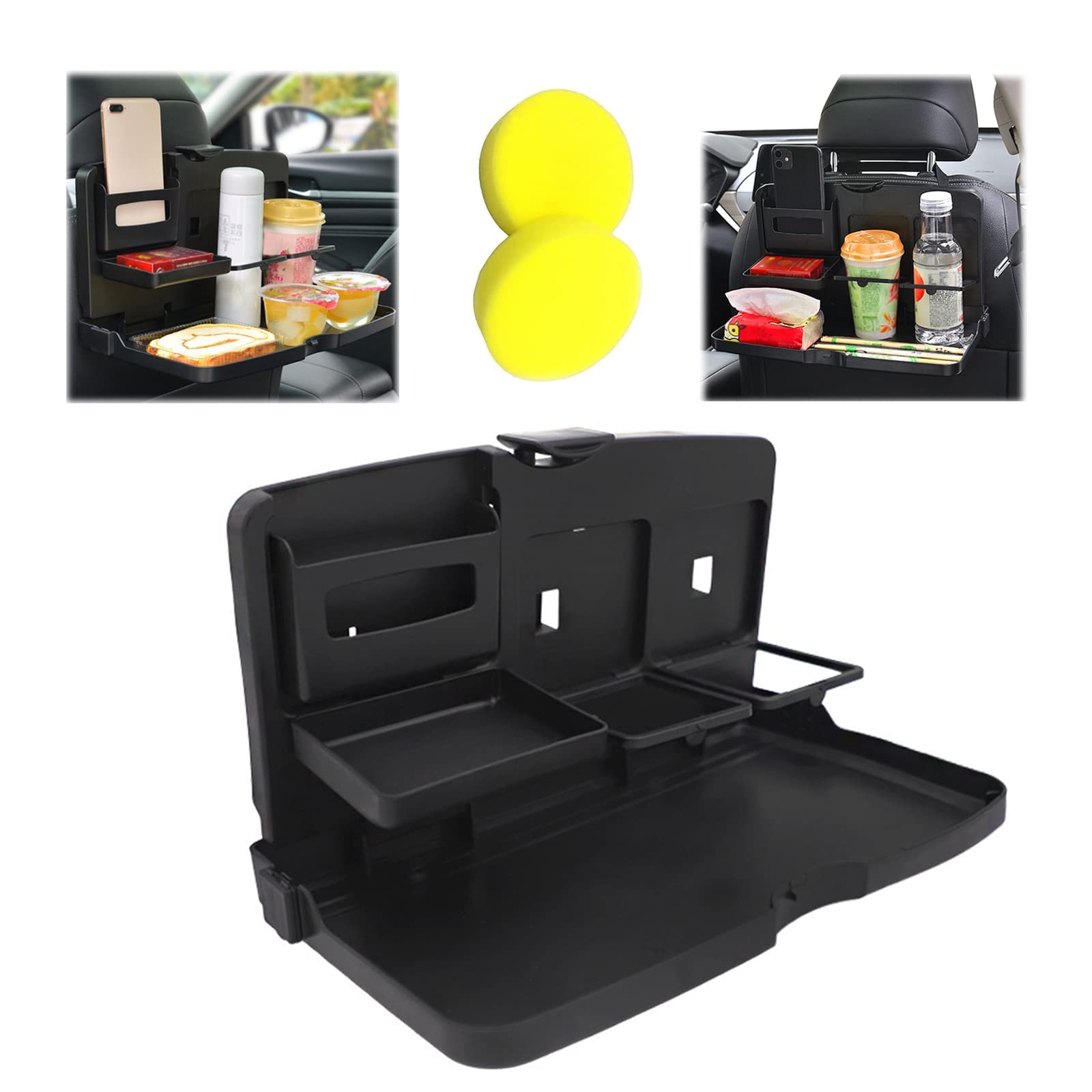 ZIBUYU® Car Folding Table, Universal Backseat Portable Tray Desk, Adjustable Height & Angle, ABS Material, Drink & Food Holder, Laptop Desk, Phone Organizer, Easy Install, Black, 1Pc (34x20x3.5cm)