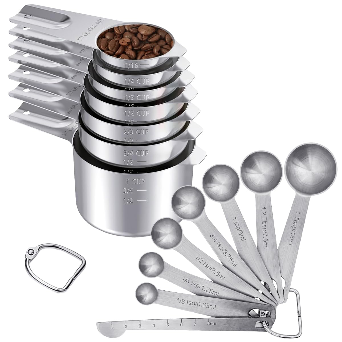 HASTHIP 15-Piece Kitchen Measuring Cups & Spoons Set with 7 Cups, 7 Spoons, 1 Leveling Ruler & 2 Detachable Rings, Kitchen Gadgets for Cooking & Baking (Silver)