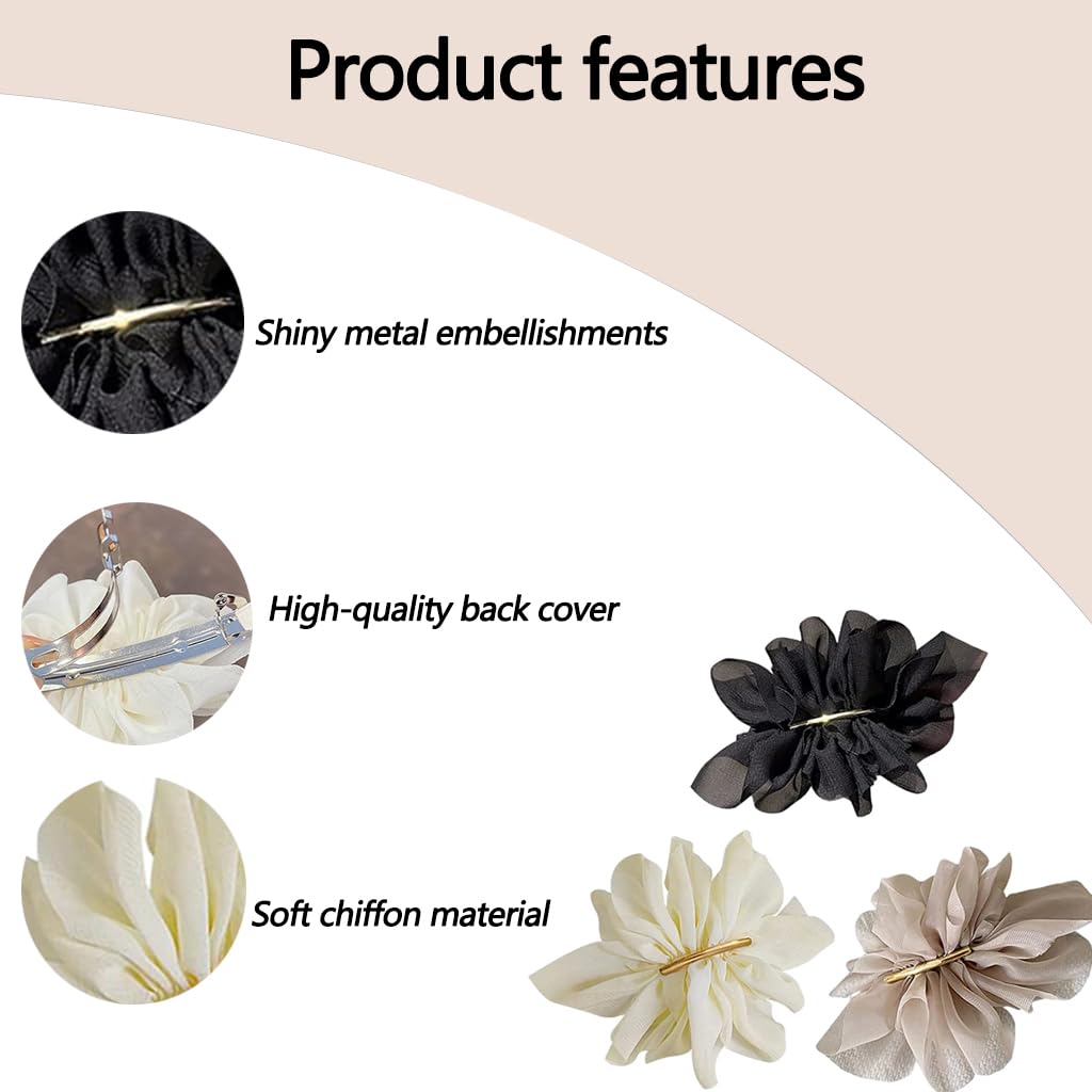 ZIBUYU 3 PC Chiffon Flower Hair Clips for Women with Secure Alligator Clip in White Beige Black