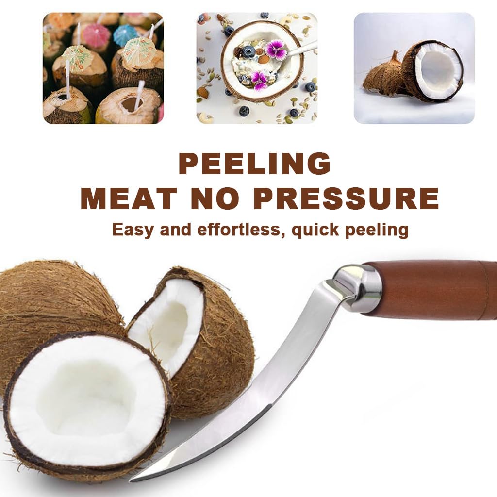 HASTHIP Coconut Pulp Scraper Tool for Easy Pulp Removal with Curved Blade and Wooden Handle