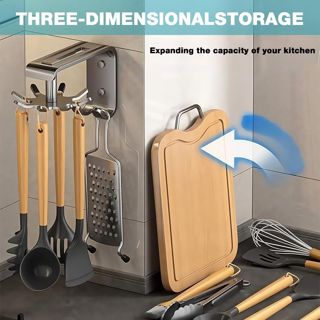 Supvox Kitchen Wall Hook for Space Saving Storage with 360° Rotating 8 Hook Rack | Carbon Steel