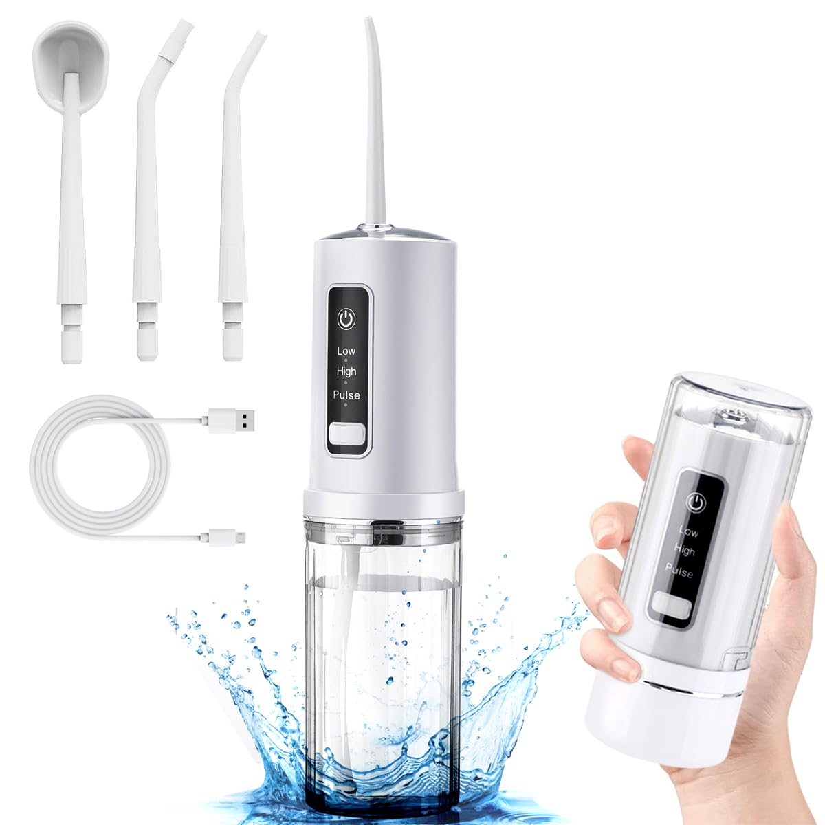 HANNEA® Water Dental flosser for Teeth Cleaning, Mini Portable Rechargeable Dental Oral Flossing Irrigator with 230ML Water Tank for Braces, 4 Jet Tips, 3 Modes & IPX7 Waterproof, for Travel & Home