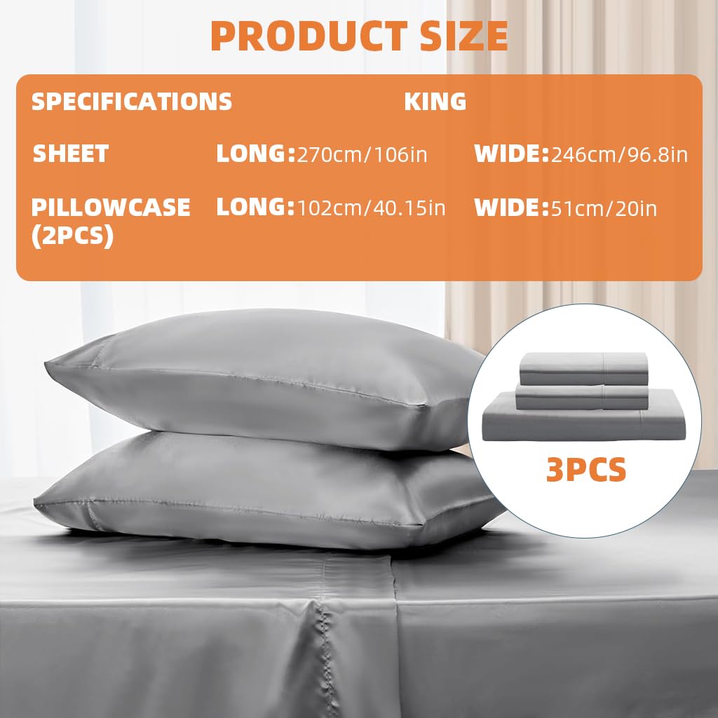 HASTHIP Satin Bedsheet King Size with 2 Pillow Covers featuring 450TC Fabric 270cm x 246cm Grey